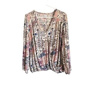 Knox Rose Patchwork Faux Wrap Top Long Sleeve Elastic Waist XXL Boho Cottage